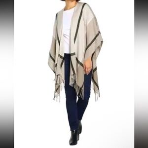 Three Dots Cashmere Blend Cream and Black Poncho with Fringe OS